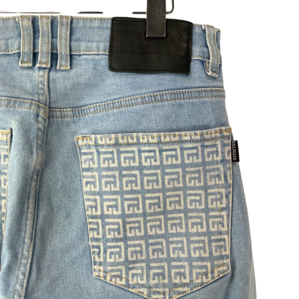 Balmain Light Blue Jeans 32 Button Zip Mid Rise Straight Monogram Back Pockets - Picture 4 of 10